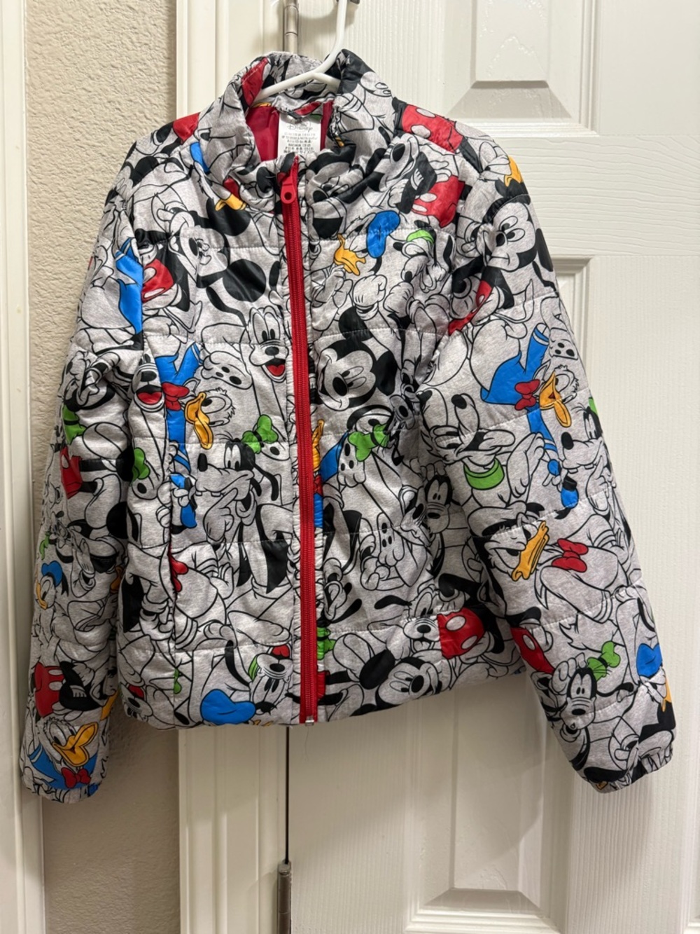 Disney Gray Mickey & Friends Multicolor Puffer Jacket with Red Zipper